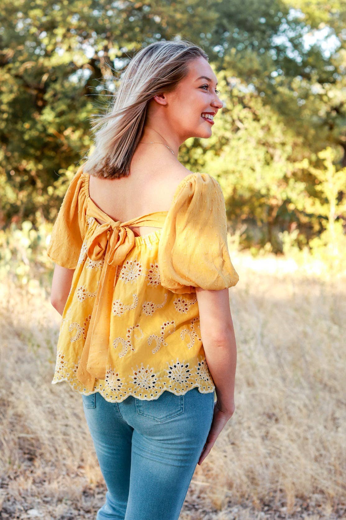 Make them stare mustard floral puff sleeve