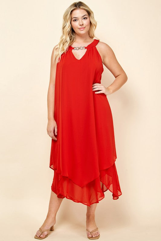 PLUS RUFFLE HEM DRESS WITH NECK TRIM