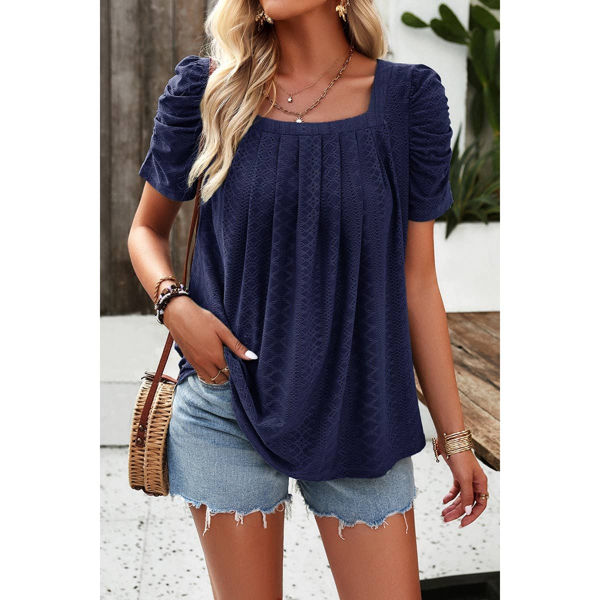 Square Neck Ruched Lace Top