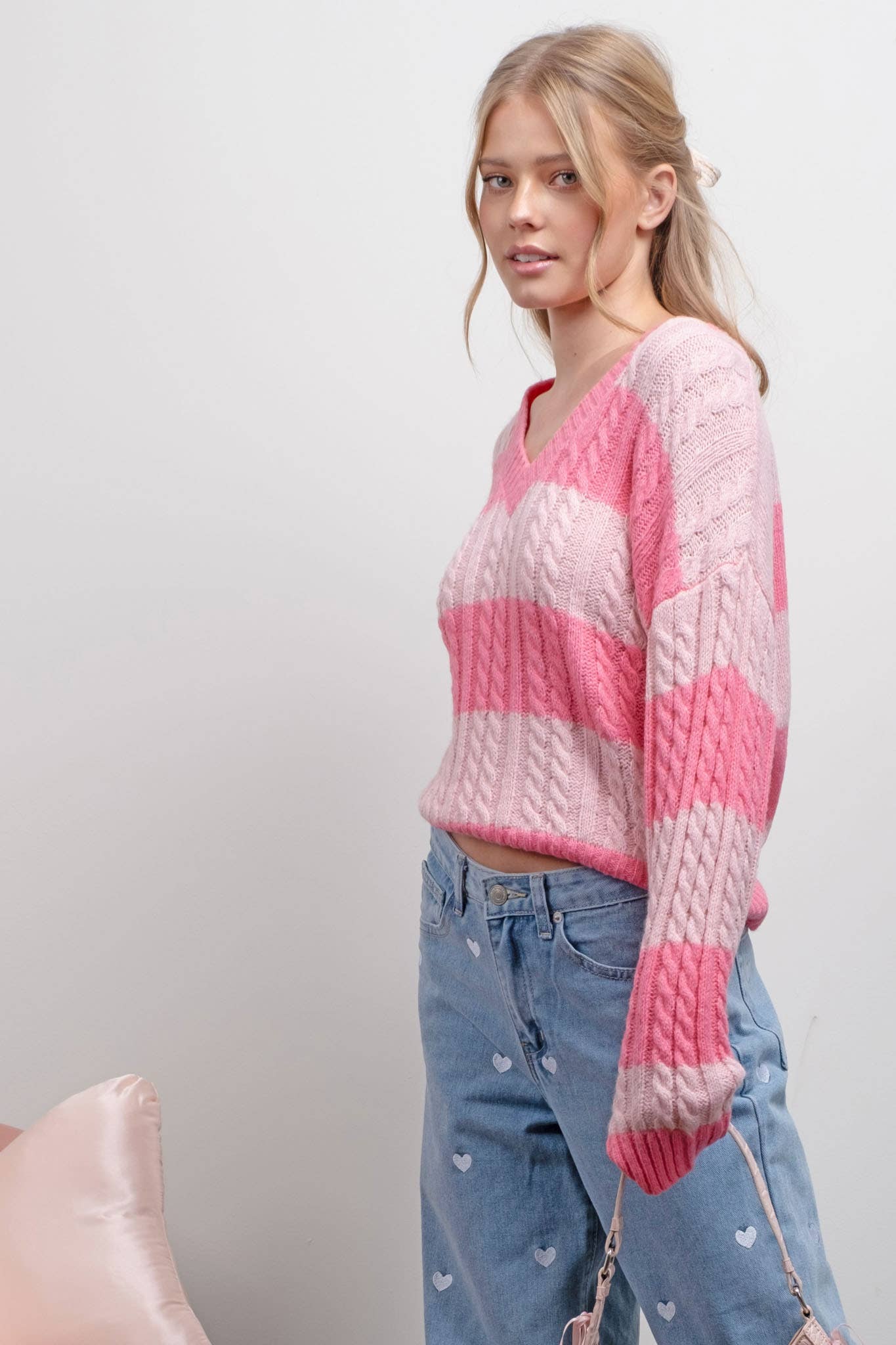 STRIPE CABLE KNIT SWEATER