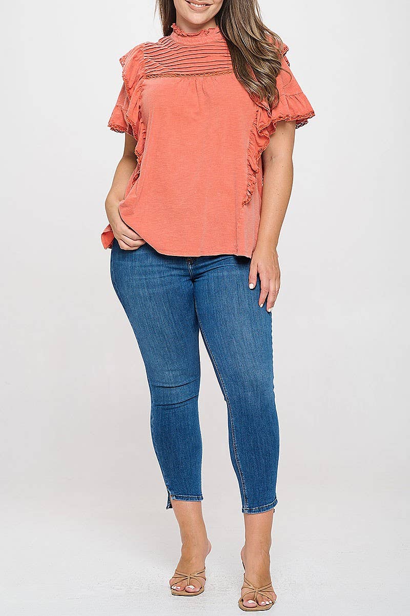 PLUS SIZE RUFFLE SLEEVE LACE-PLEATED DETAIL TOP