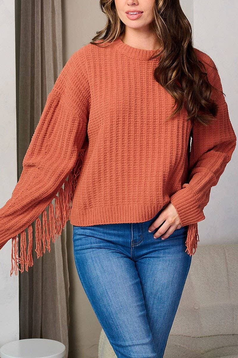 LONG FRINGE SLEEVE PULLOVER SWEATER